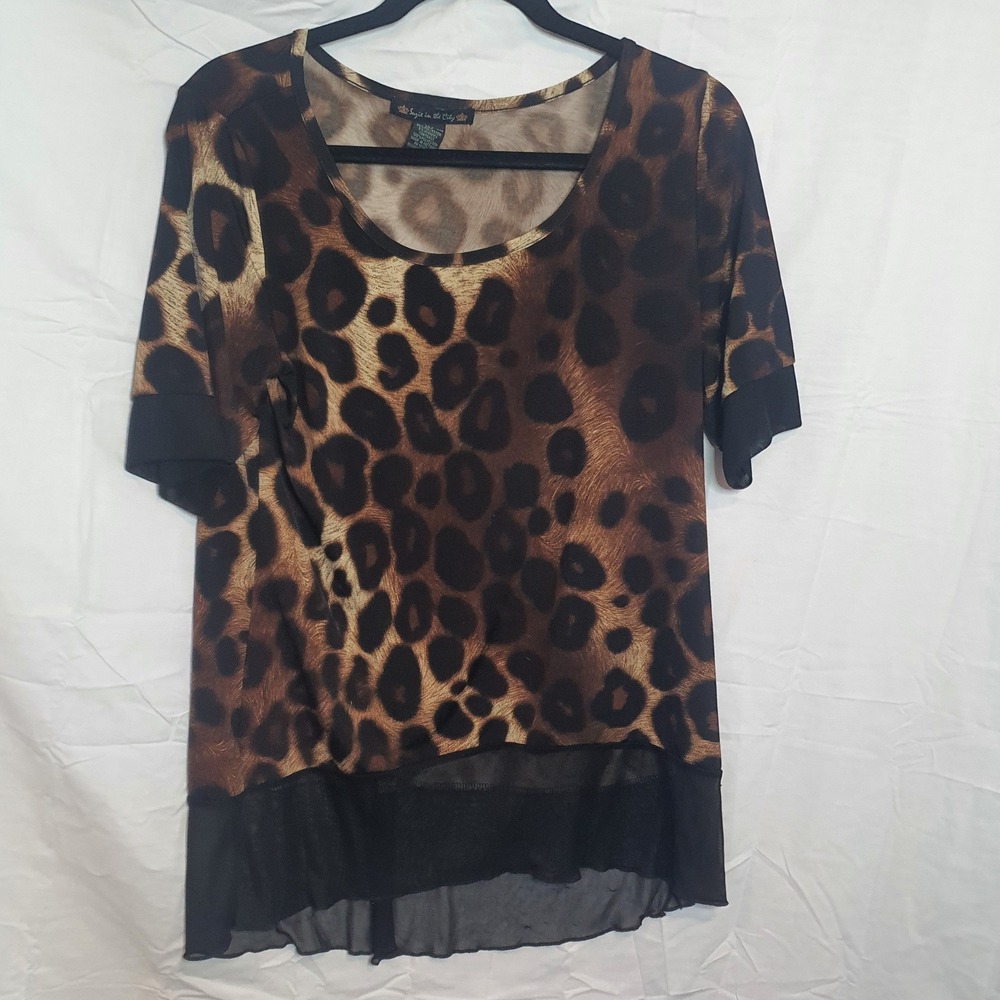 Suzie in the City Leopard Print High Low Tunic Top Brown Black Large Sheer Work